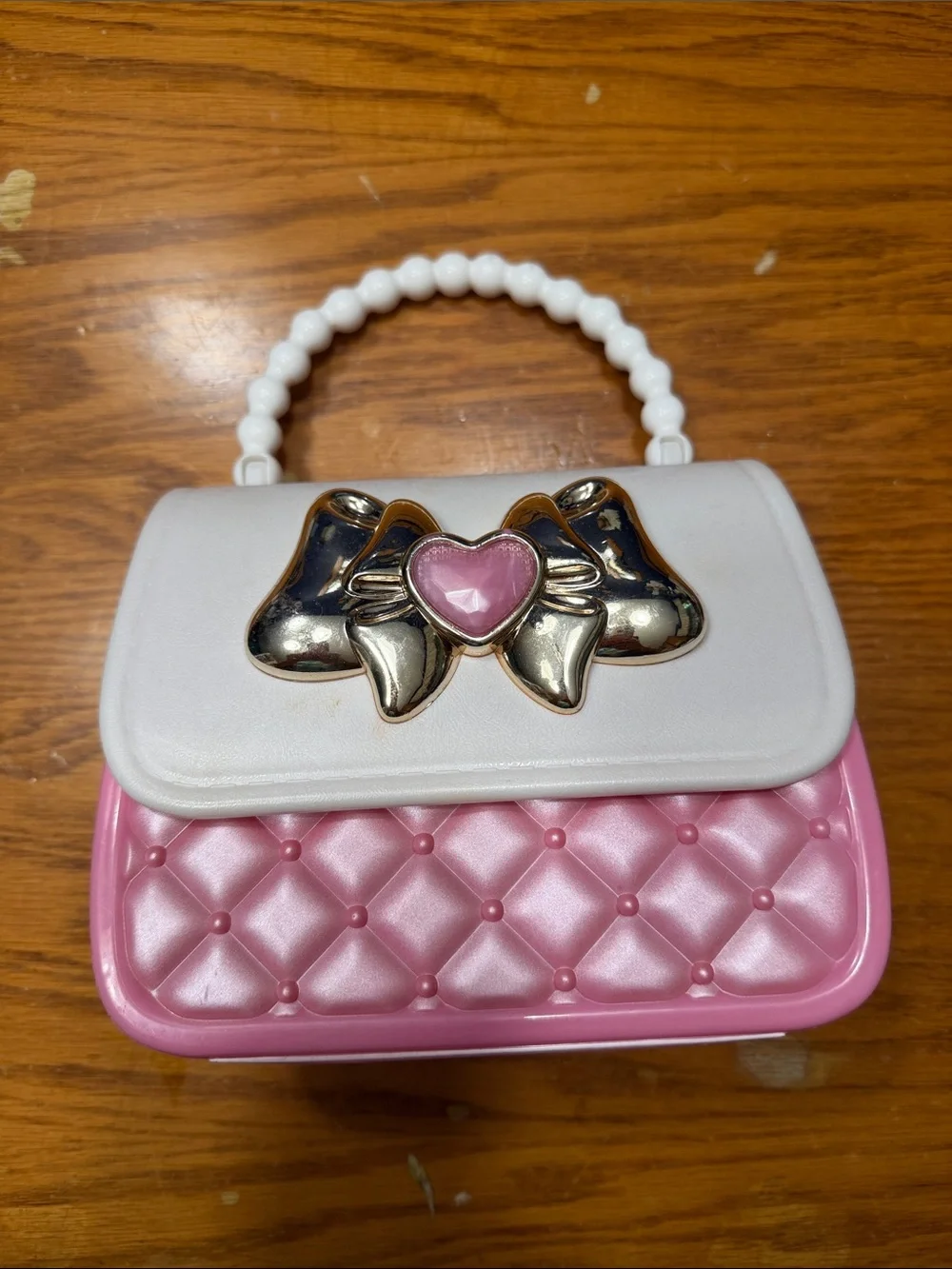 Chic White and Pink Mini Top-Handle Bag with Heart Bow Detail